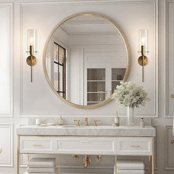 Gold Wall Sconces, Modern Wall Lights with Clear Glass Shade, Indoor Hardwired Wall Mount Light Fixtures for Living Room Bathroom, Bedroom, Hallway, 2 Pack