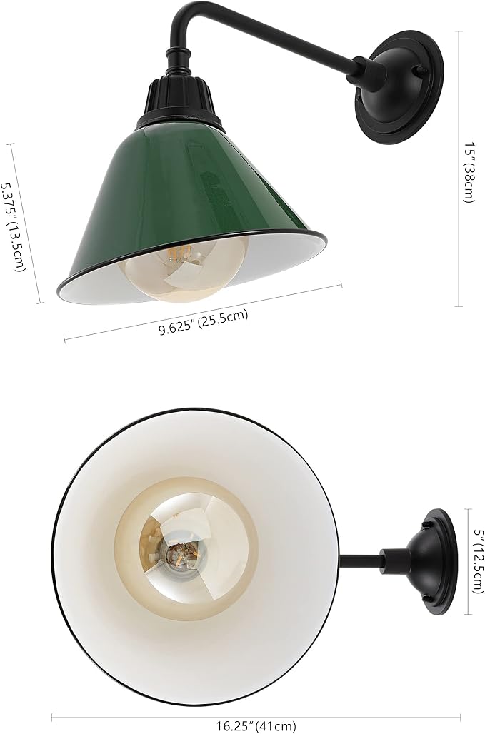 JONATHAN Y JYL7612F Croydon 9.63" 1-Light Farmhouse Industrial Indoor/Outdoor Iron LED Gooseneck Arm Outdoor Sconce Metal Bell Shade Vintage Cottage Rustic Porch Patio Yard Barn, Green