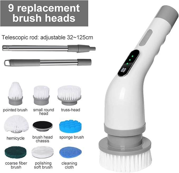 Electric Spin Scrubber, Cordless Cleaning Brush Scrubber for Home, 9 Replaceable Brush Heads, 50Mins Work Time, 3 Adjustable Size, 3 Strong Speeds for Bathroom Shower Bathtub Car Glass, Gray Color