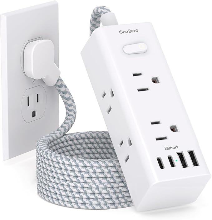 One Beat Power Strip Surge Protector - 6 Widely Outlets 4 USB Ports(2 USB C), 3 Sided Outlet Extender, 6 Ft Flat Plug Extension Cord, Wall Mount Power Strip for Home Office Travel College Dorm Room
