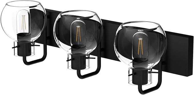 Tipace Industrial Bathroom Vanity Lighting Fixtures 3-Lights Farmhouse Matte Black Finish with Globe Clear Glass Vanity Lights Vintage Bath Lighting(Exclude Bulb)