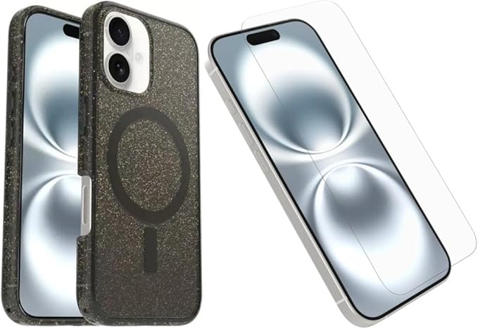 OtterBox iPhone 16 (Only) - Bundle: Symmetry+ Clear Series Case - Stardust Night (Silverflake/Trans Black) - Premium Glass Screen Protector - Snaps to MagSafe - Raised Edges Protect Camera & Screen