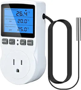 Plug in Thermostat Temperature Controller, Electric Digital RV Thermostats with LCD Display, Heating Cooling Control Timer, 5 Modes 1800W for Greenhouse Reptile Terrarium Brewing (-40°F-248°F)