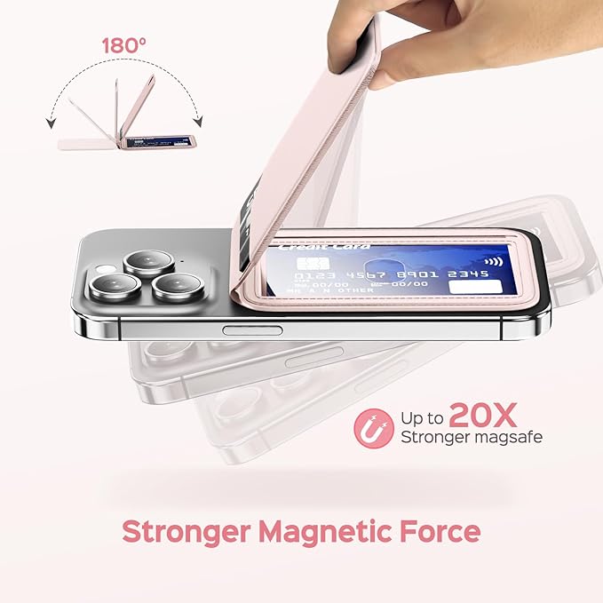 Mag-Safe Wallet for Women Strongest Magnetic Lightweight Phone Wallet Stand Adjustable Leather Card Holder for iPhone 17/16/15/14/13/12 Series, Not for iPhone 13/12 Mini (Pink)