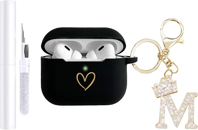 Compatible with AirPods Pro 3 Case Cover (2025), Soft Silicone Case with Gold Heart Pattern for AirPods Pro 3rd Generation Case with Rhinestone Studded Letter A-Z Keychain (M Black)