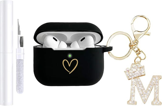 Compatible with AirPods Pro 3 Case Cover (2025), Soft Silicone Case with Gold Heart Pattern for AirPods Pro 3rd Generation Case with Rhinestone Studded Letter A-Z Keychain (M Black)
