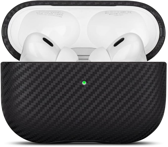 LOPIE Leather Case for AirPods Pro 2nd Generation - Handmade AirPods Pro 2 Case Cover - Made of Real Leather - Protective Hard Shell Cover - Carbon Fiber Style - Wireless Charging Compatible - Black