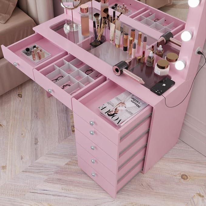 Boahaus Serena Modern Pink Makeup Vanity Desk with Mirror Lights, Power Outlet with USB Ports, Glass Top, Jewelry Divider, 7 Drawers, and Crystal Knobs for Bedroom