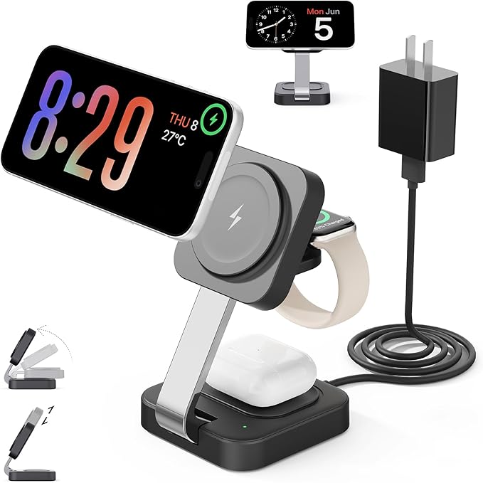 2026 Traveling Wireless Mag-Safe Fast Charging Station,Magnetic 3 in 1 Charger with iPhone 17 16 15 14 13 12 Pro Max Plus,Apple Watch Series & Air pods 4 3 2 Pro-Gifts for Wife & Husband(Black)