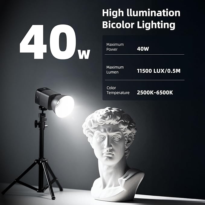 Portable Magnetic LED Video Light 40W COB - Metal Mini Dual Color 2500K-6500K w/Built-in Battery, Continuous Lighting Spotlight w/Magnetic Attachable Reflector & Softbox
