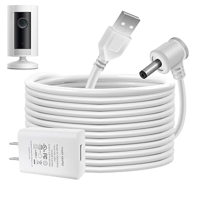 Charge Cords 30ft for Ring Weatherproof Indoor Outdoor Charging Cable with Quick 2Amp Power Adapter for Ring Stick Up Cam Battery 3rd Gen/2nd Gen & Spotlight Cam Battery (White,1 Pack)