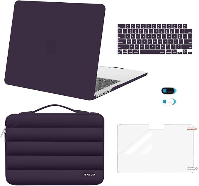 MOSISO Compatible with MacBook Air 13 inch Case M5 2026 M4 2025 M3 M2 2024-2022 A3449 A3240 A3113 A2681, Hard Case&Puffy Bag&Keyboard Cover&Webcam Cover&ScreenFilm for MacBook Air 13.6, Plum Purple
