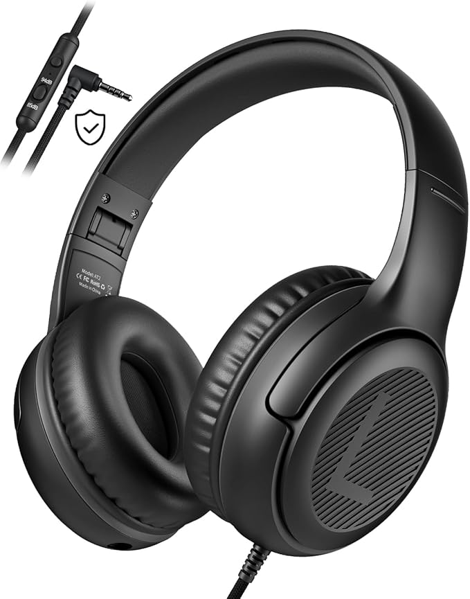 Kids Headphones Wired Toddler Headphones with Microphone - Over-Ear Headphones, 85/94dB Volume-Limiting, 3.5mm Jack Foldable On-Ear Design, Safe Comfortable for Boys Girls Learning Entertainment Black