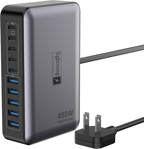 USB C Charger Block 10 Ports, 450W USB Charging Station for Multiple Devices, 5 Type C + 5 USB A GaN PD Charger Hub, Compact Power Brick Super Fast Charging for MacBook, Ipad, iPhone, Samsung