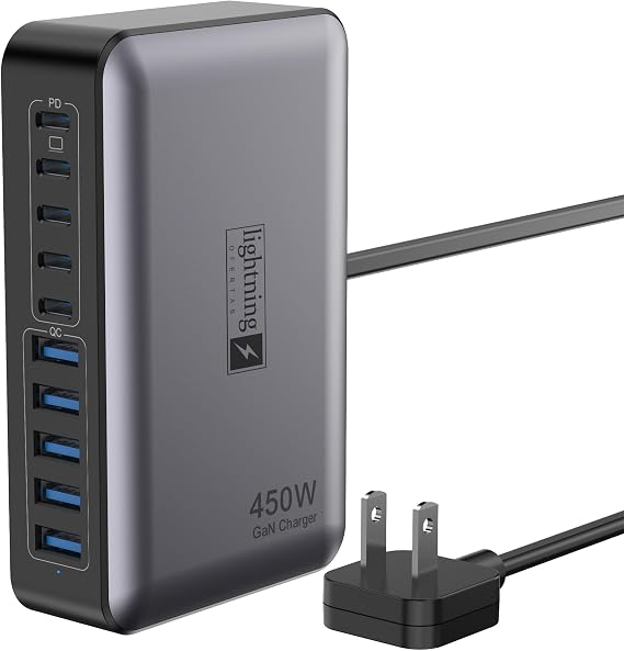 USB C Charger Block 10 Ports, 450W USB Charging Station for Multiple Devices, 5 Type C + 5 USB A GaN PD Charger Hub, Compact Power Brick Super Fast Charging for MacBook, Ipad, iPhone, Samsung