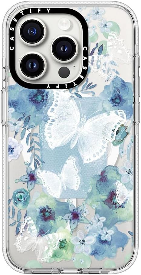 CASETiFY Clear iPhone 15 Pro Case [Not Yellowing / 6.6 ft. 3X Military Grade Drop Protection/Compatible with Magsafe] - My Blue Butterfly Garden - Clear