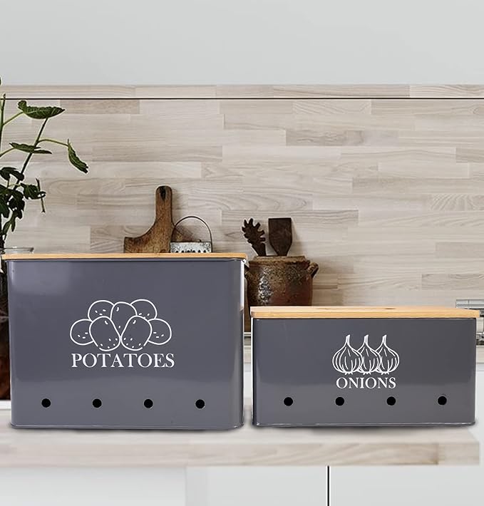 Potato Onion Kitchen Storage Canisters,Storage Bin For Kitchen 2 Pack Set,potatoe, Potato Storage Box，storage And Long Shelf Life With Aerating Tin Storage Holes-gray