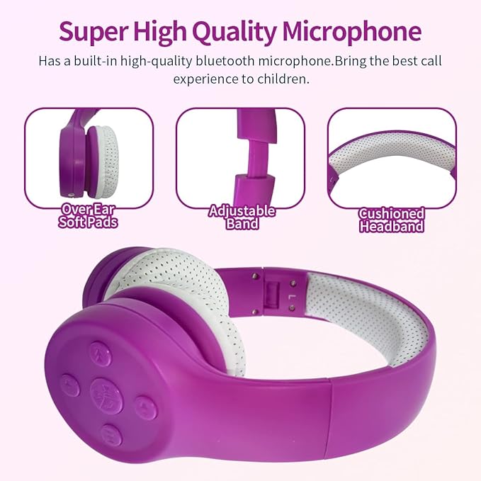 Girls Wireless Headphones, Bluetooth Kids Headphones,5 Button Easy Use, 93db Volume Limited with Built-in Mic for Cell Phones TV Tablet Amazon fire School Network Boys Girls (Purple)