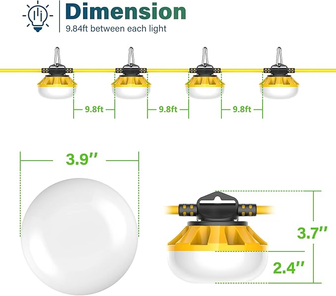 Construction Lights String Temporary Lighting, 50ft Work String with 5 Integrated Jobsite LED Lights 5000LM Super Bright, Carabiner Hooks - 5 Bulbs