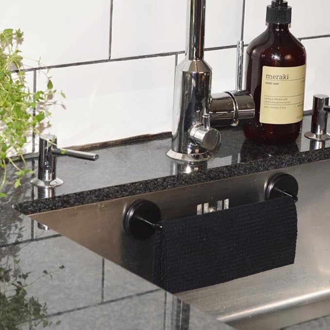 Black Steel Dish Cloth Rail for Kitchen, Towel Holder for All Types of Sinks and Flat Smooth Surfaces