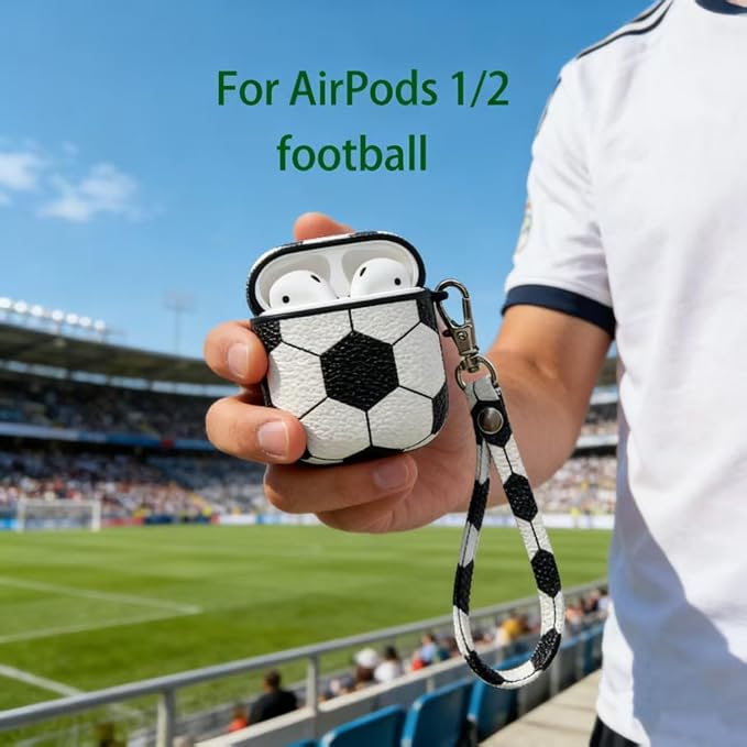 for AirPods Case, AirPods PU Leather Hard Case, Portable Protective Shockproof Earphone Accessories Cover w/Carabiner/Keychain Compatible for Apple AirPods 1/ Airpods 2 Charging Case,Soccer