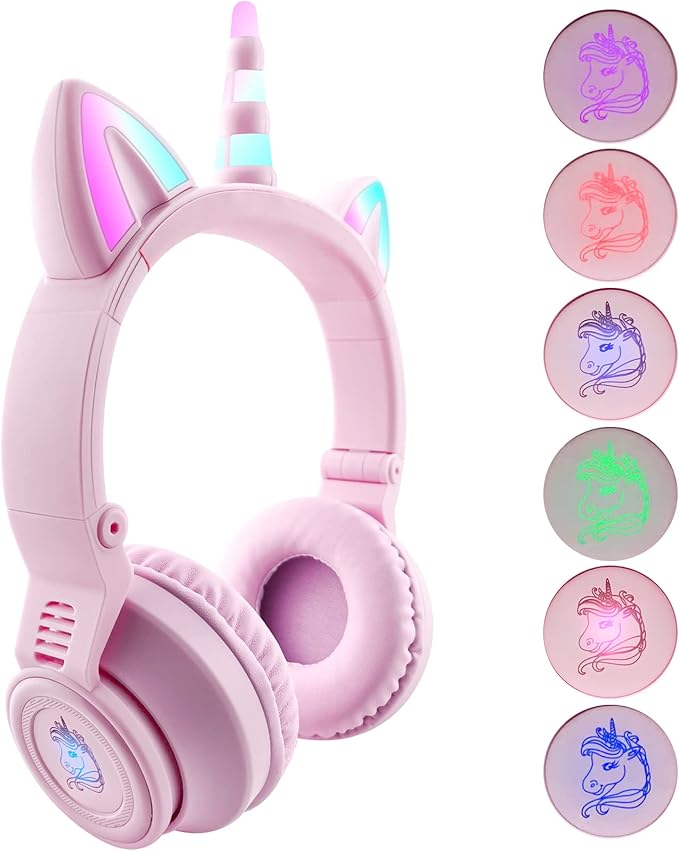 Unicorn Kids Headphones for Girls, Unicorn Bluetooth Headphones Foldable for Girls Toddlers Tablet/pad/Amazon fire,Light Up Kids Wireless Headphone Birthday Gifts (Purple Pink)