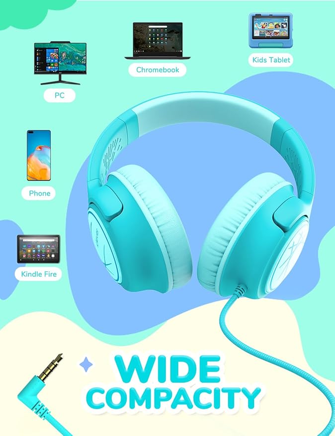 iClever Kids Headphones with Cord, 85dBA Safe Volume Wired Headphones for Kids, Stereo Sound Foldable Adjustable, 3.5mm Jack, Over Ear Child Headphone for School/Boys/Girls/iPad/Tablet/Travel, Green