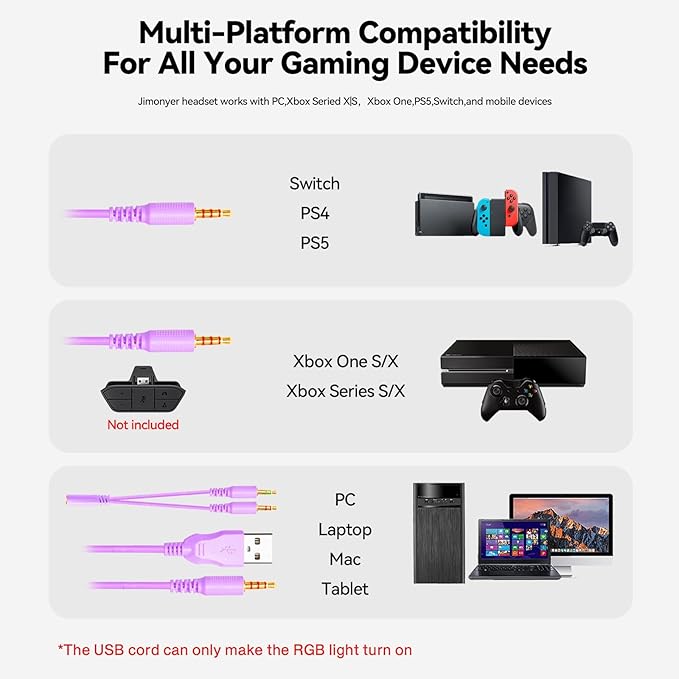Gaming Headset for PC/PS4/PS5/Xbox One/Switch, Stereo Surround Sound Gaming Headphones with Noise Canceling Flexible Mic, Computer Headset with 3.5mm Jack & RGB Light (WhitePurple)