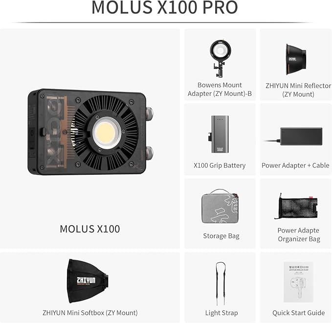 ZHIYUN MOLUS X100 PRO V2 Upgraded Version 100w COB Led Video Light Bi-Color Video Light with with Bluetooth App Control Continuous Lighting,CRI 95+ TLCI 97+, 2700K-6500K