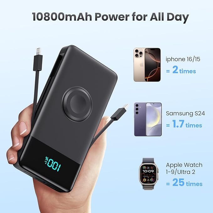 FOCHEW Portable Charger for iPhone with Built in Cables & Wall Plug,6-in-1 10800mah Power Bank with iWatch Charger, QC4.0+25W PD Fast Charging LCD Display Battery Pack for iPhone 16/15/14,Android