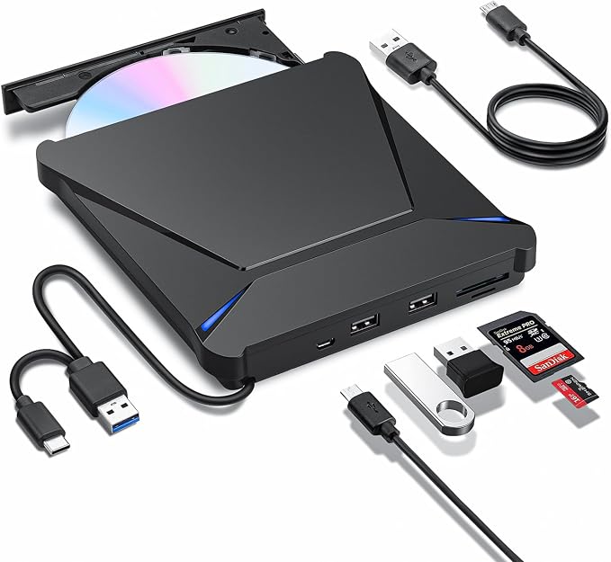 Haiway External DVD Drive, USB CD Burner with USB Hub & SD/TF Card Slots - Image 8