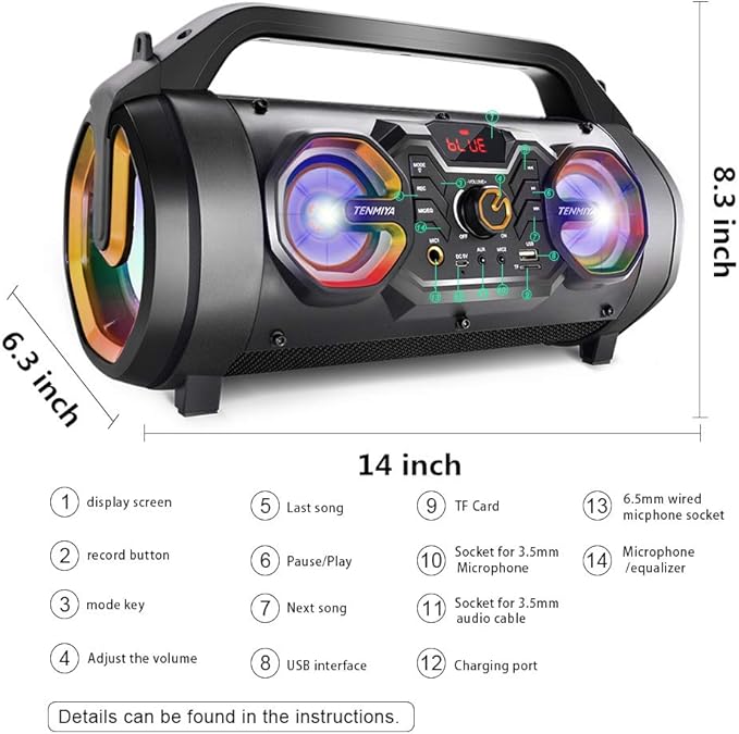 Bluetooth Speaker, 30W Portable Bluetooth Boombox with Subwoofer, FM Radio, RGB Colorful Lights, EQ, Stereo Sound, Booming Bass, 10H Playtime Wireless Party Speaker for Home, Outdoor, Travel, Camping