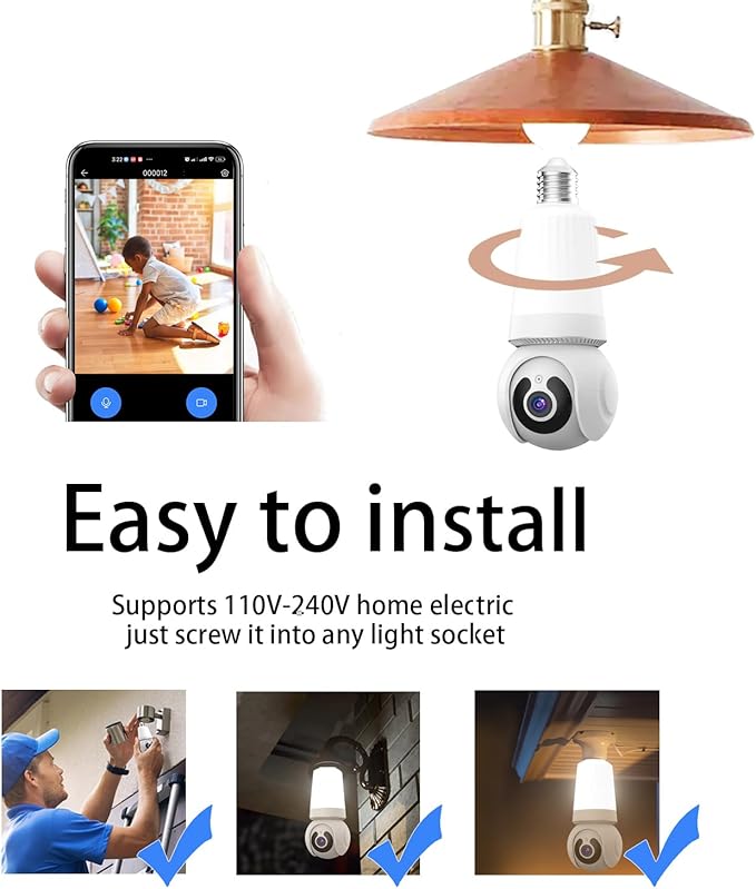 Light Bulb Security Camera WiFi Indoor/Outdoor Cam with Socket, AI Human Detection, Live View, 2-Way Audio, LED Smart Cameras for App Remote Control, V380 PRO White