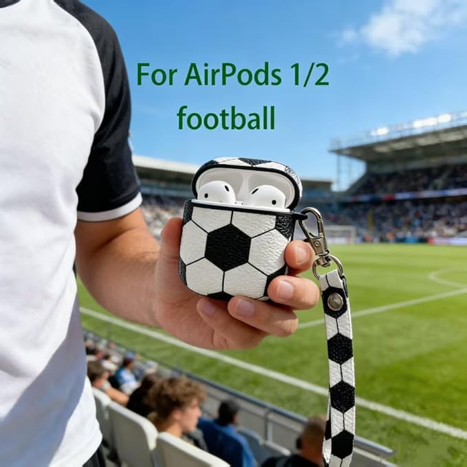 for AirPods Case, AirPods PU Leather Hard Case, Portable Protective Shockproof Earphone Accessories Cover w/Carabiner/Keychain Compatible for Apple AirPods 1/ Airpods 2 Charging Case,Soccer