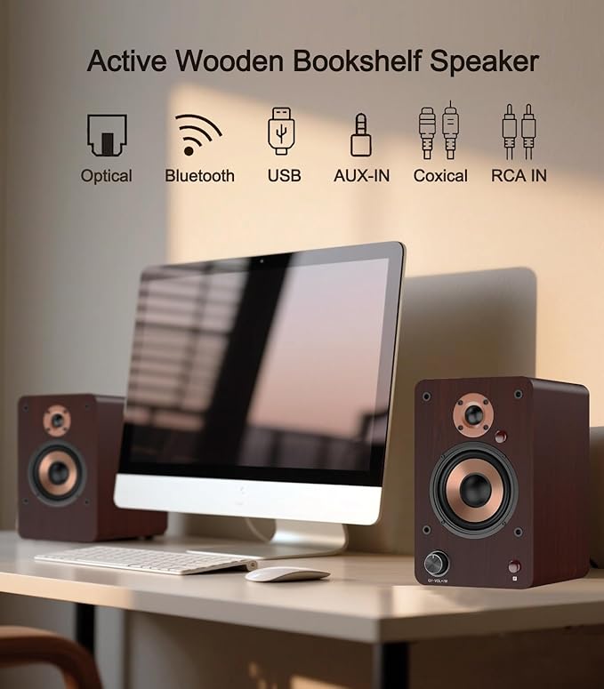 LONPOO 100W HiFi Active Bookshelf Speakers with Bluetooth, 4'' Aluminum Woofer, 12MM Wooden Cabinet, DSP-Tech, Optical/RCA/USB/AUX for TV PC Turntable (LP-42M)
