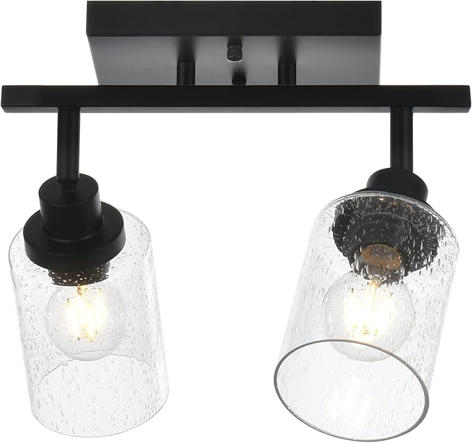 2-Light Black Track Lighting Kit Ceiling Mount Kitchen Track Lighting Fixtures, Bathroom Ceiling Tracking Vanity Light with Bubble Seeded Glass Shade & Rotatable Tracking Heads for Accent Shop