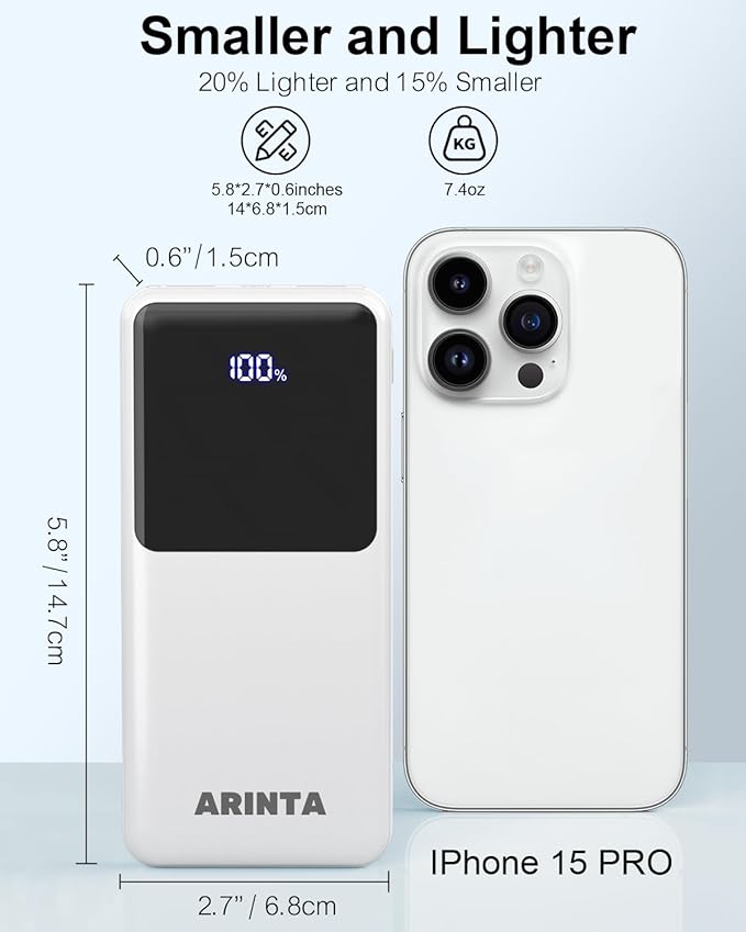Power Bank Portable Charger 10000mAh PD 22.5W, Slim Battery Pack with LED Display & USB-C Input/Output, Compatible for Smartphones, Tablets,Travel Essentials. (White)