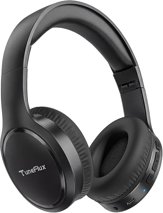 TuneFlux Bluetooth Headphones, 70H Playtime, Over-Ear, 3 EQ Modes-Black