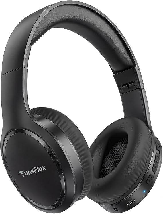 TuneFlux Bluetooth Headphones, 70H Playtime, Over-Ear, 3 EQ Modes-Black