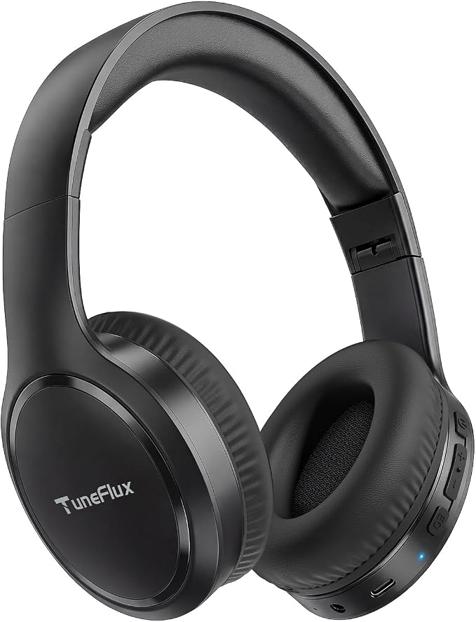 TuneFlux Bluetooth Headphones, 70H Playtime, Over-Ear, 3 EQ Modes-Black