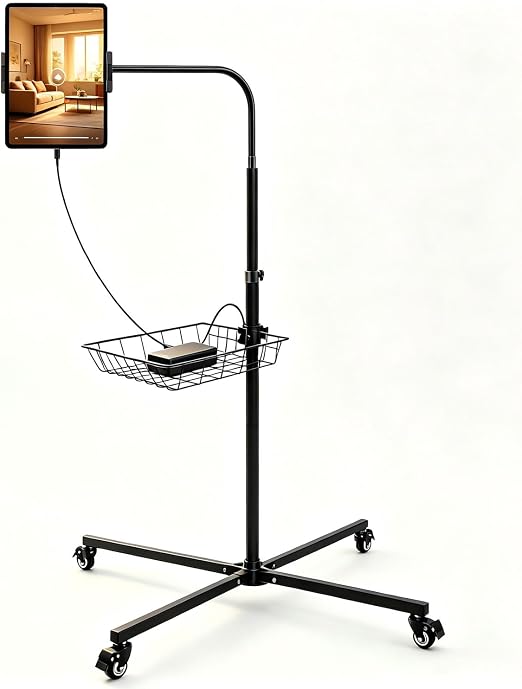 Premium Rolling Tablet Floor Stand with Heavy Duty Industrial Wheels & Storage Basket, Tall Adjustable iPad Stand Floor on Wheels, Universal Mount Holder for iPad Pro, Air, Mini, Phone