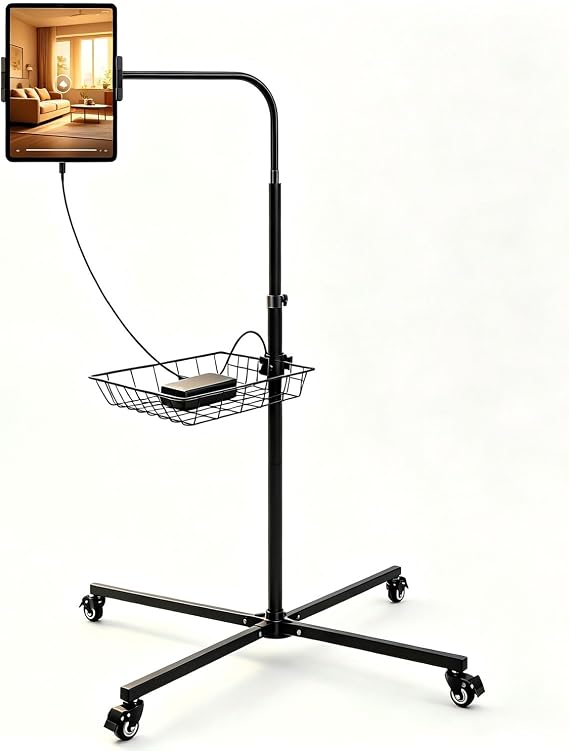 Premium Rolling Tablet Floor Stand with Heavy Duty Industrial Wheels & Storage Basket, Tall Adjustable iPad Stand Floor on Wheels, Universal Mount Holder for iPad Pro, Air, Mini, Phone