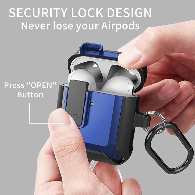 for Airpods 2nd 1st Generation Case Men Lock with Cleaner Kit, Rugged AirPod 2/1 Gen Protective Hard Cover Shockproof Skin Boys Women with Keychain for Apple iPods 2nd/1st Cases, Black