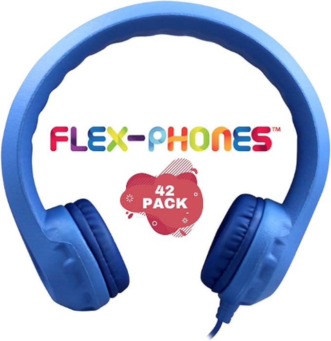 HamiltonBuhl Flex‑Phones Kids Foam Headphones 42‑Pack – Durable EVA Foam, Volume‑Limited 85 dB, Chew‑Resistant Dura‑Cord, Safe BPA‑Free Design for Classroom Use – Blue