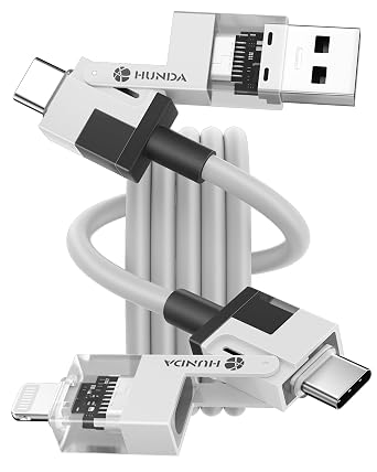 HUNDA 4 in 1 USB C to C Fast Charging Cable, Silicone USB C to Lightning Cable 100W Dual Type C Cable Combo Lightning/Type C/USB A Ports for iPhone 15/15 Pro/15 Pro Max,Android,Samsung etc,5ft