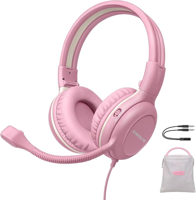 SIMOLIO Kids-Headphones with Microphone for School, 75/85/94 dB Wired Headphones with Boom Mic for iPad, PC, Laptop, Gaming, On Ear Pink Stereo Corded Headsets for Girls, Children, Teens, Students