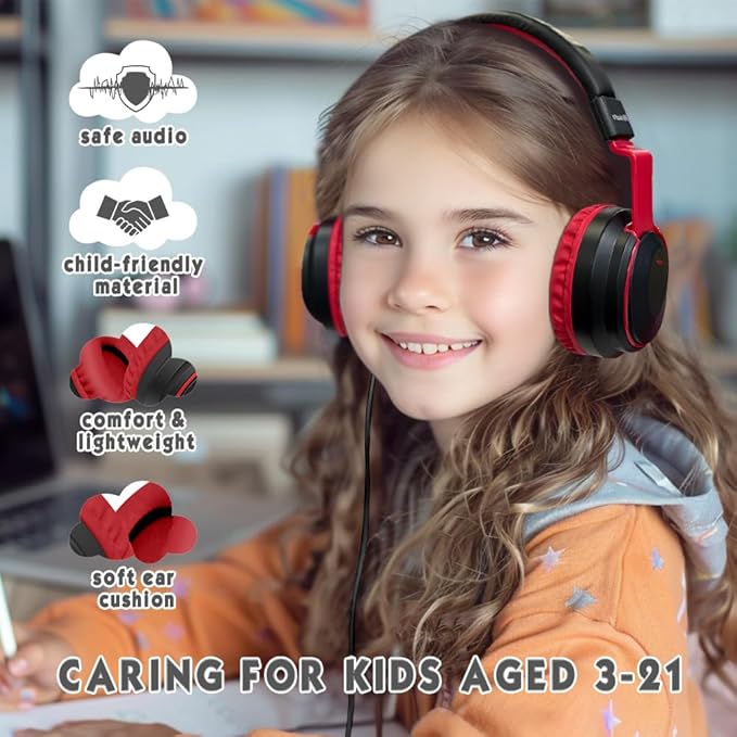 Headphone Kids Volume Limited 85/94dB Wired Over-Ear/On-Earr Foldable Headset with Inline Cable Aux 3.5mm Cord Mic for Toddler Boy Girl Child Back to School Study Pad Tablet Black