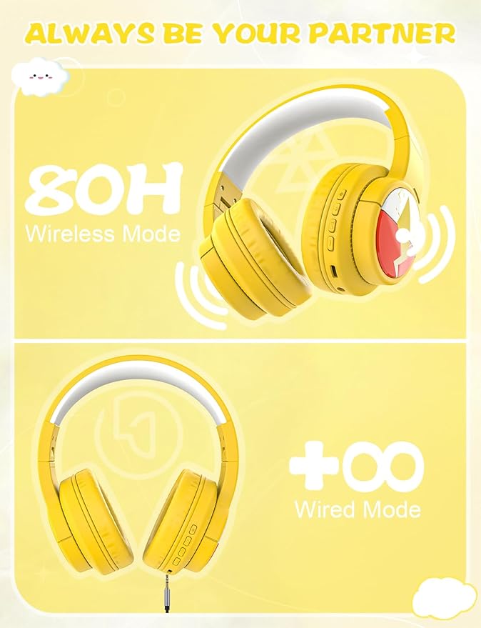 Kids Bluetooth Headphones, Wireless Headphones with Microphone, 74/85/94dB Volume Limited, 80H Playtime, Foldable Over Ear Headphones for School, Home, or Travel, Yellow