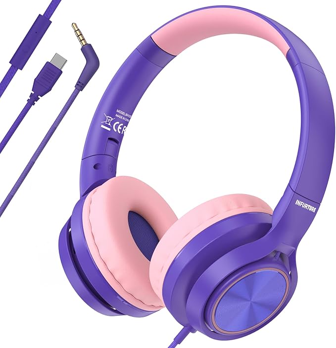 Kids Headphones with 3.5mm & USB C Wired Headphones, USB C Headphones Kids for School, Lightweight On-Ear Headphones Built-in Mic & Safe Volume Limited for classroom/Girls/Boys/Travel/Tablets(Purple)