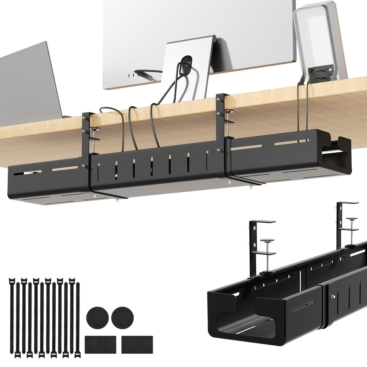 Under Desk Cable Management Tray,Expandable 25.2" – 38.6",Black